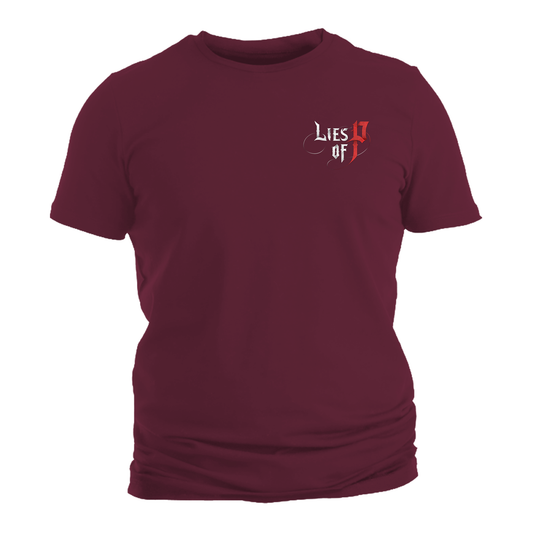 Lies of P - Deus Ex Machina Front Chest Logo/Full Back Print T Shirt  (Burgandy Body)